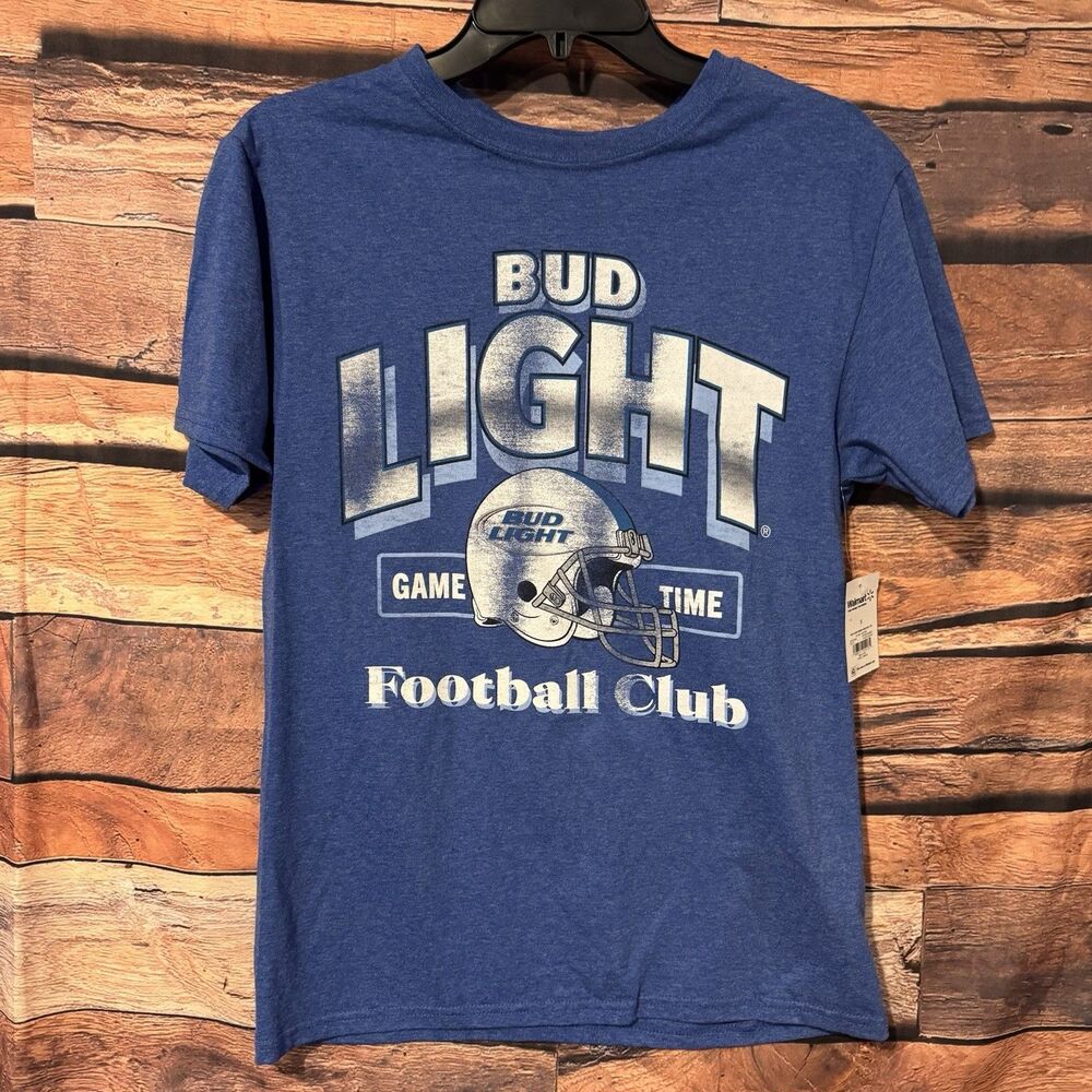 Bud Light Football Club Shirt S NWT 2024 Game Time Jersey Tee Blue 82 Graphic